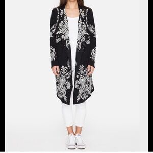 Johnny Was Biya Rozmond Light Sweater wrap front. Black with white embroidery.